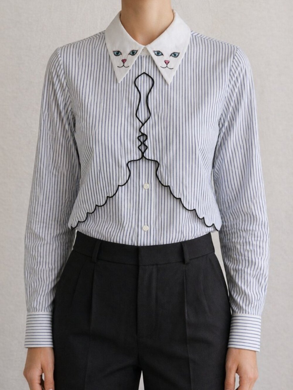 Vivetta Striped Cat Collar Face Whimsical Blouse IT 40
